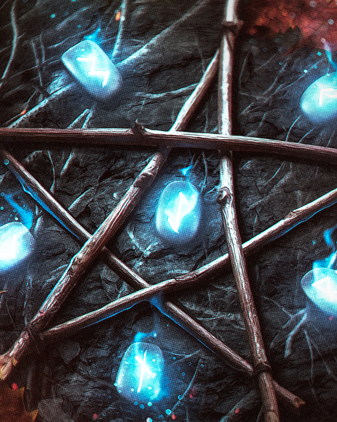 pentagram surrounded by glowing blue stones