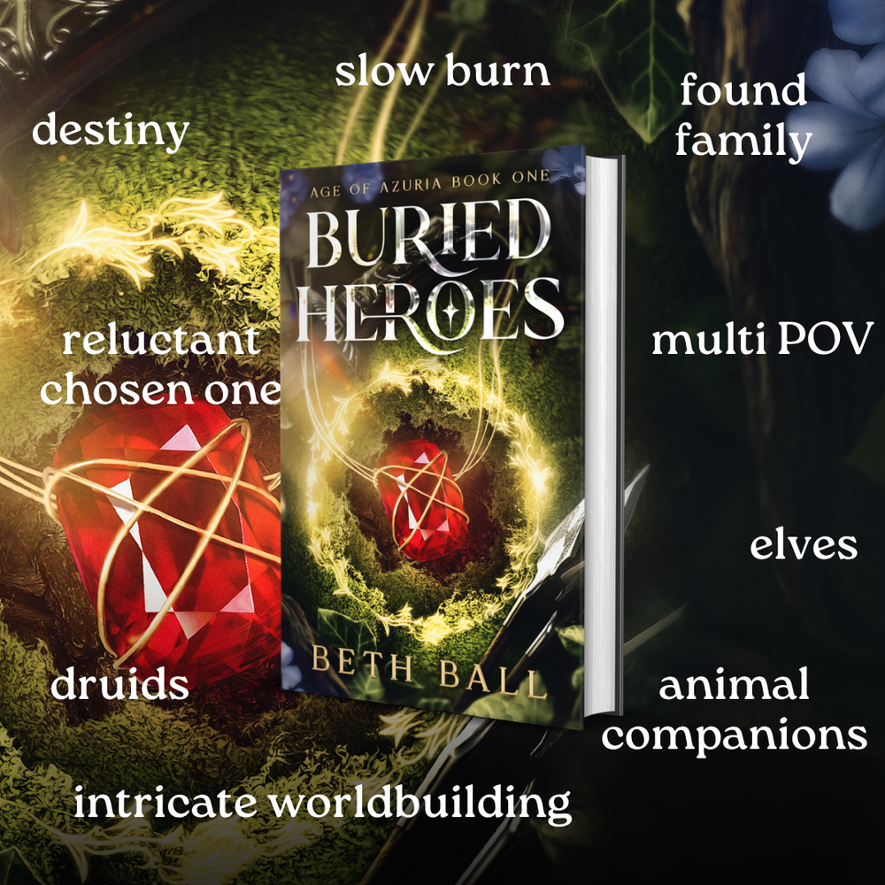 Epic fantasy book cover of 'Buried Heroes' by Beth Ball with descriptive text of book tropes on a dark background