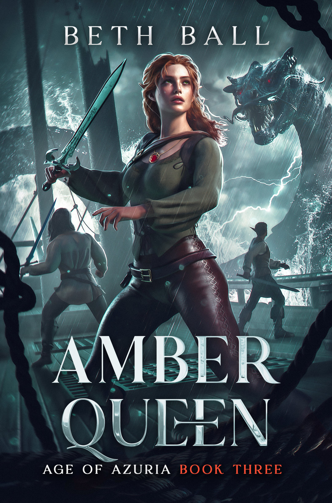 Book cover of 'Amber Queen' by Beth Ball featuring a warrior with a sword and a dragon in the background.