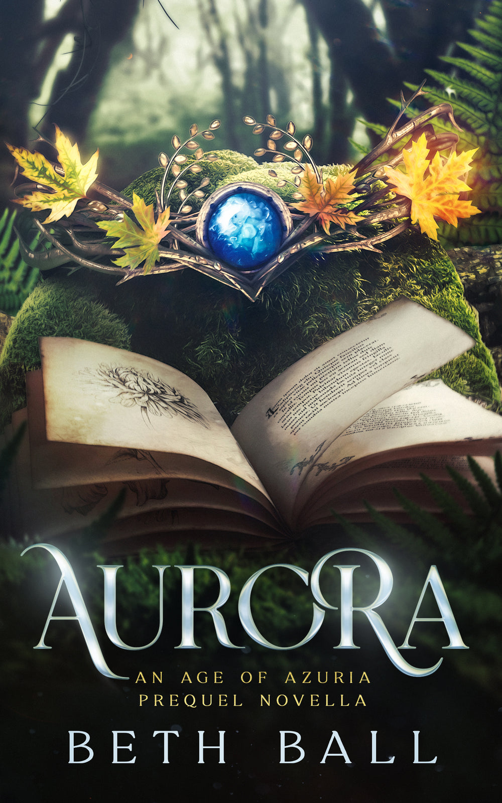 Book cover of 'Aurora' by Beth Ball with a magical crown and open book in a forest setting.