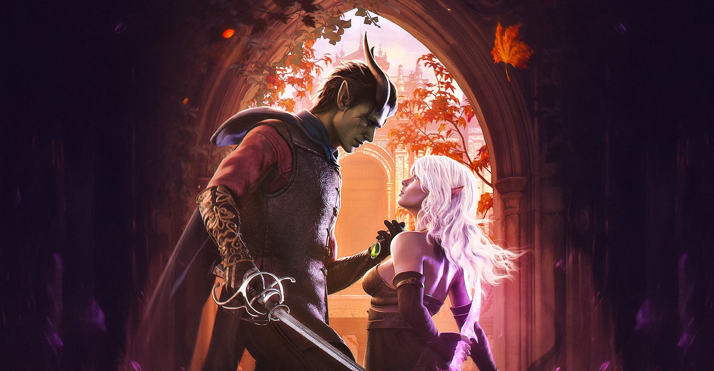 Two fantasy characters, a male and a female, standing close to each other in a romantic setting with autumn leaves.