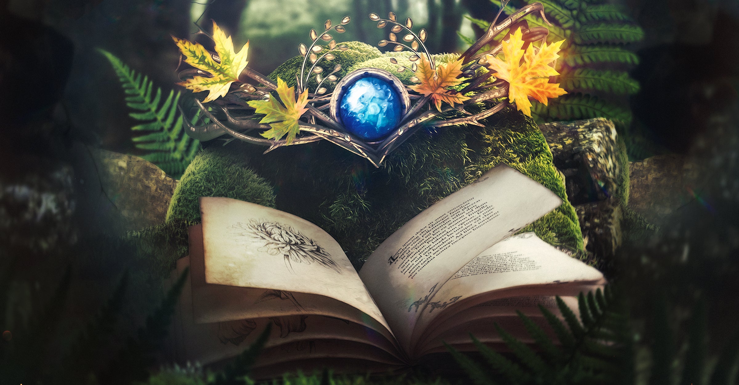 Mystical scene with an open book, magical crown, and glowing blue orb on a forest floor.