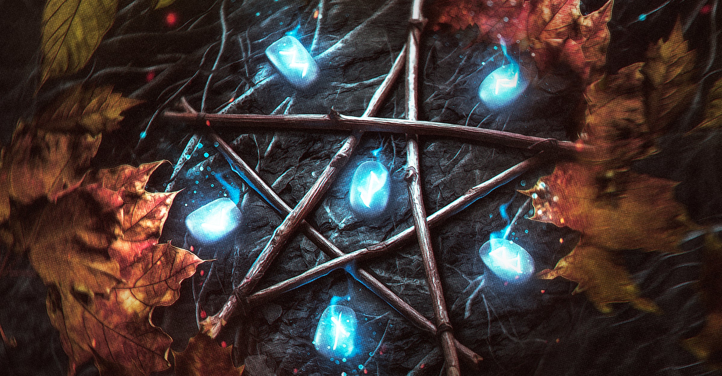 Pentagram with glowing blue stones on an autumnal background