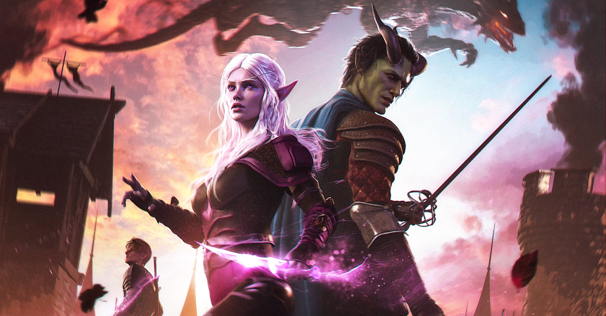 Two characters in fantasy attire with a dramatic sky and castle in the background