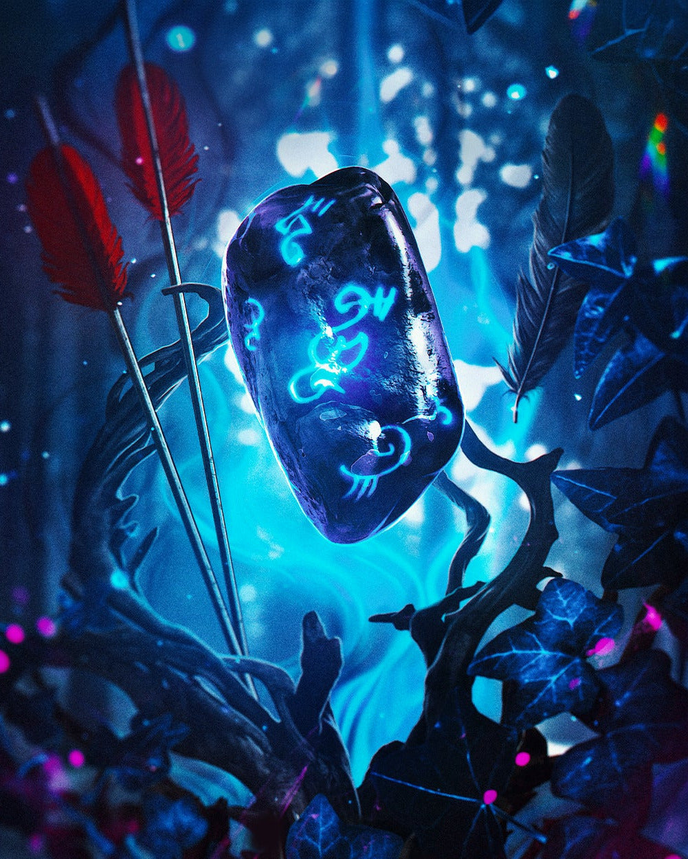 A glowing blue amethyst crystal pendant with white runic symbols, suspended from a silver wire with red and blue feathers, set against a dark, mystical forest background with glowing flora and bokeh lights.