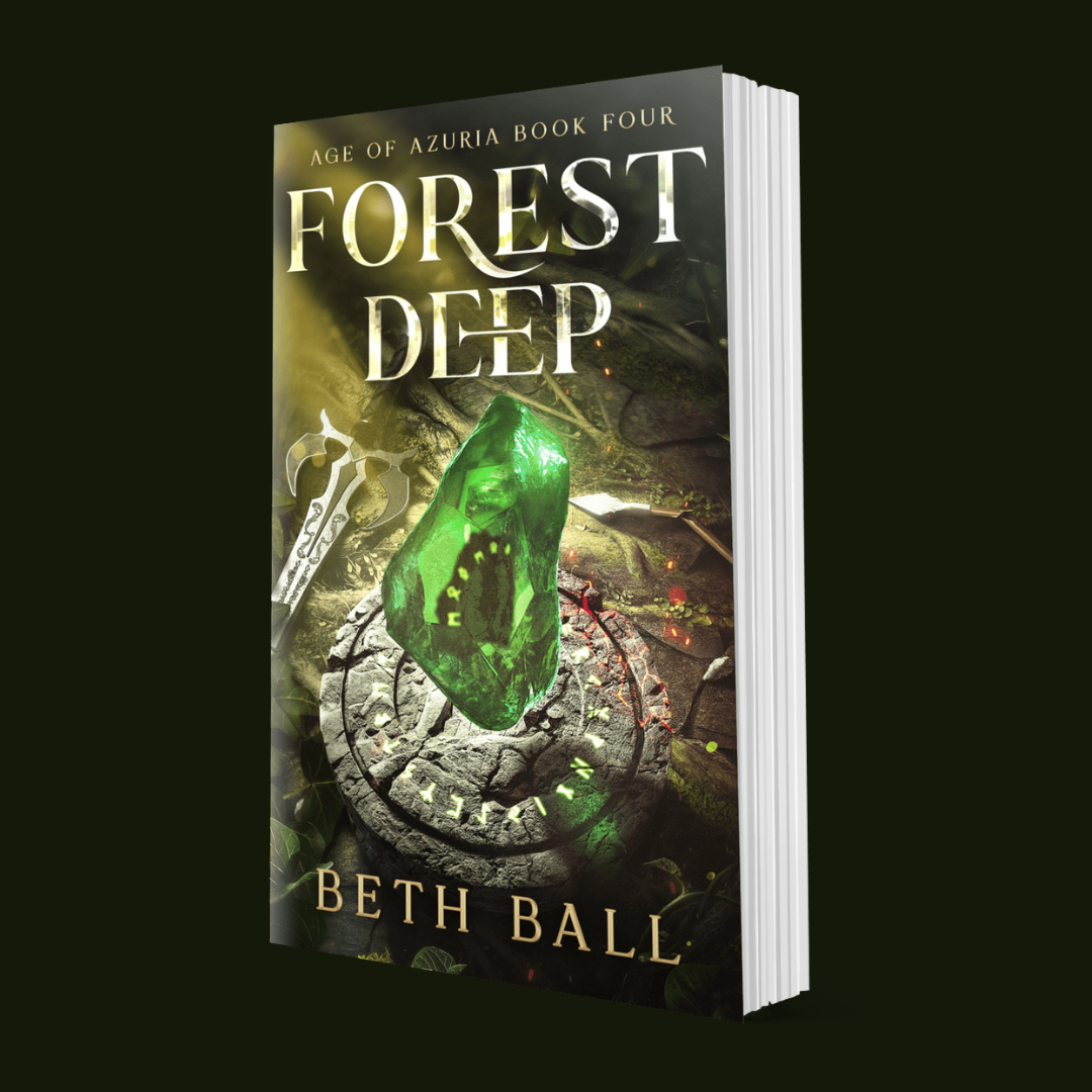Book titled 'Forest Deep' by Beth Ball with a green gemstone and sword on the cover.
