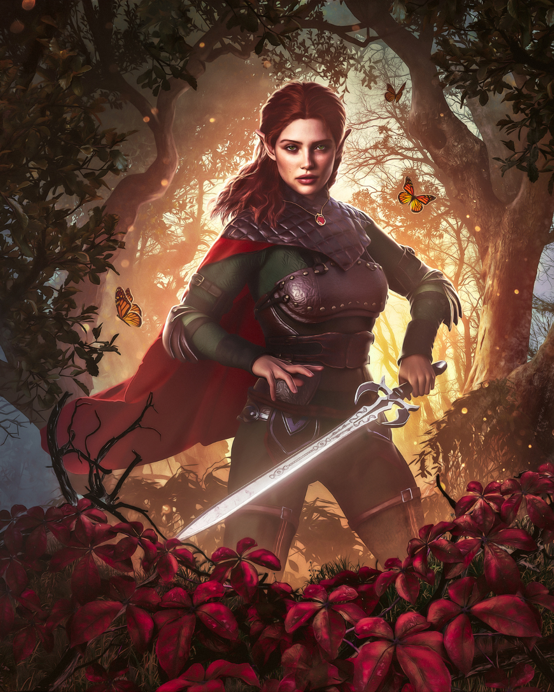 Female warrior with a sword in a forest setting