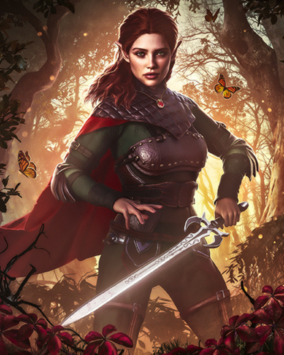 Half-elven heroine Iellieth Amastacia with sword and red cape
