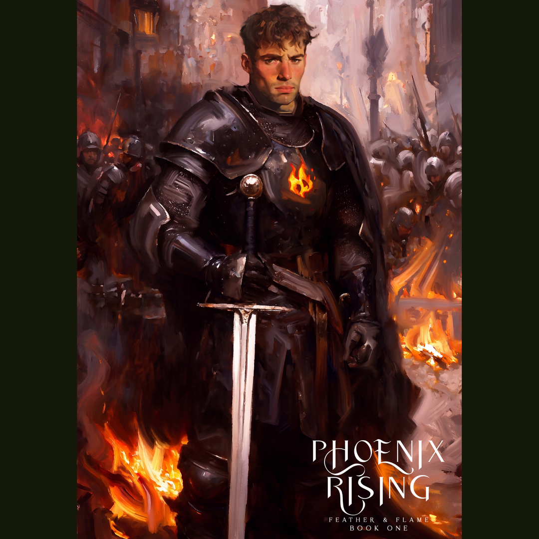 Epic fantasy character art showing Marcon Colabra with his sword in a burning city.