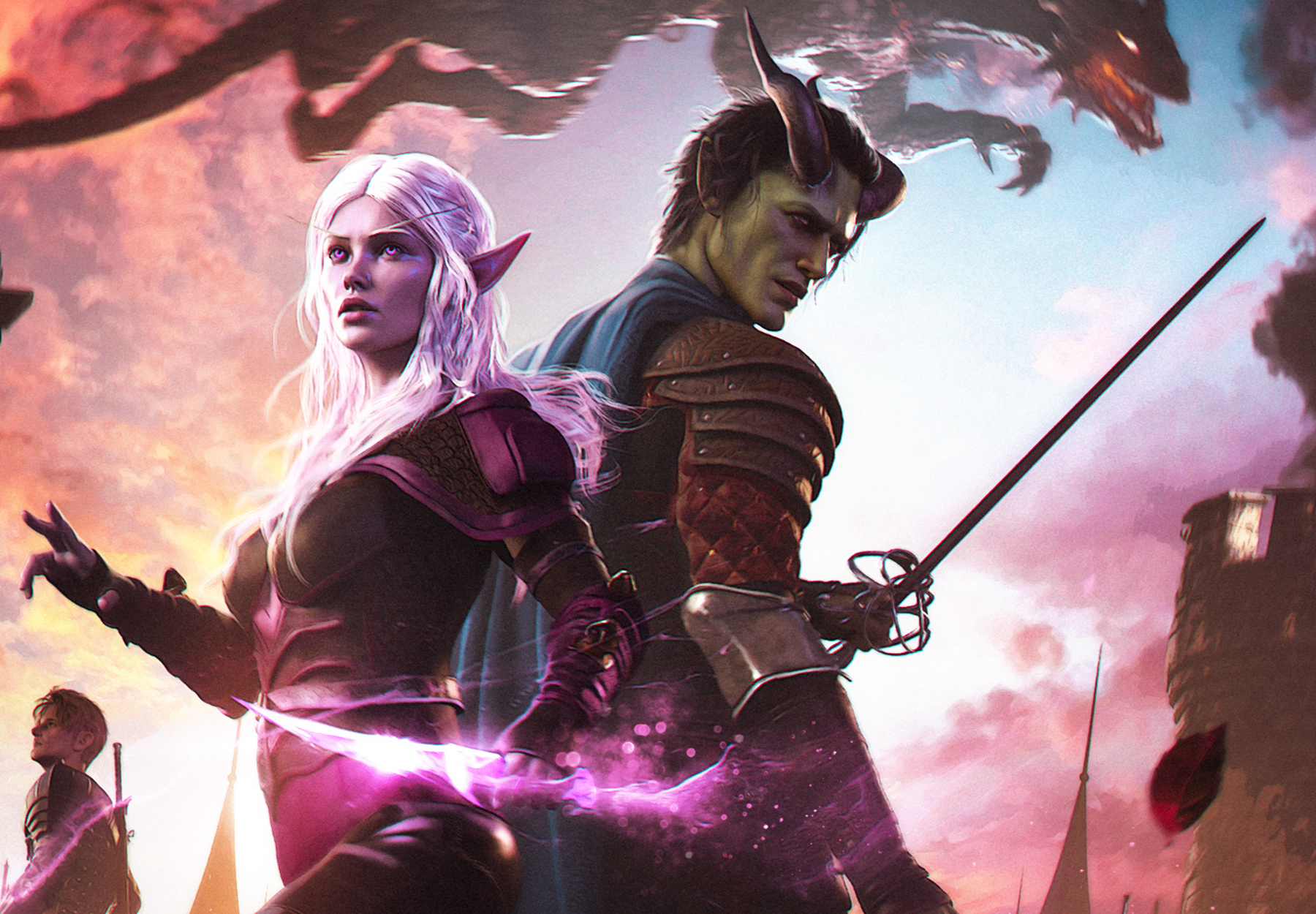 Two fantasy characters, a elf-like woman and a dragon-like man, standing against a colorful sky with dragons.