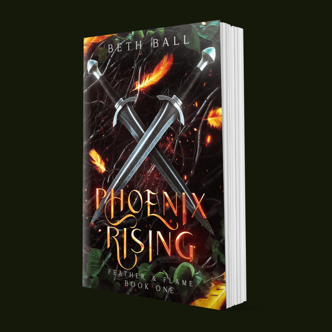 Book titled 'Phoenix Rising' by Beth Ball with crossed swords and flames on the cover.