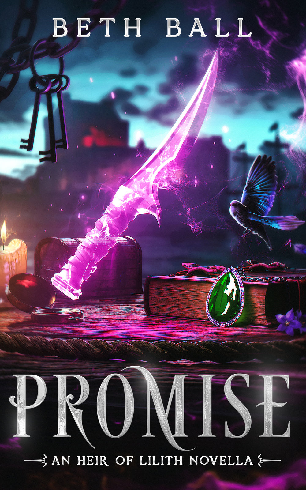 Book cover of 'Promise' by Beth Ball featuring a glowing sword, books, and a candle with a dark, mystical background.