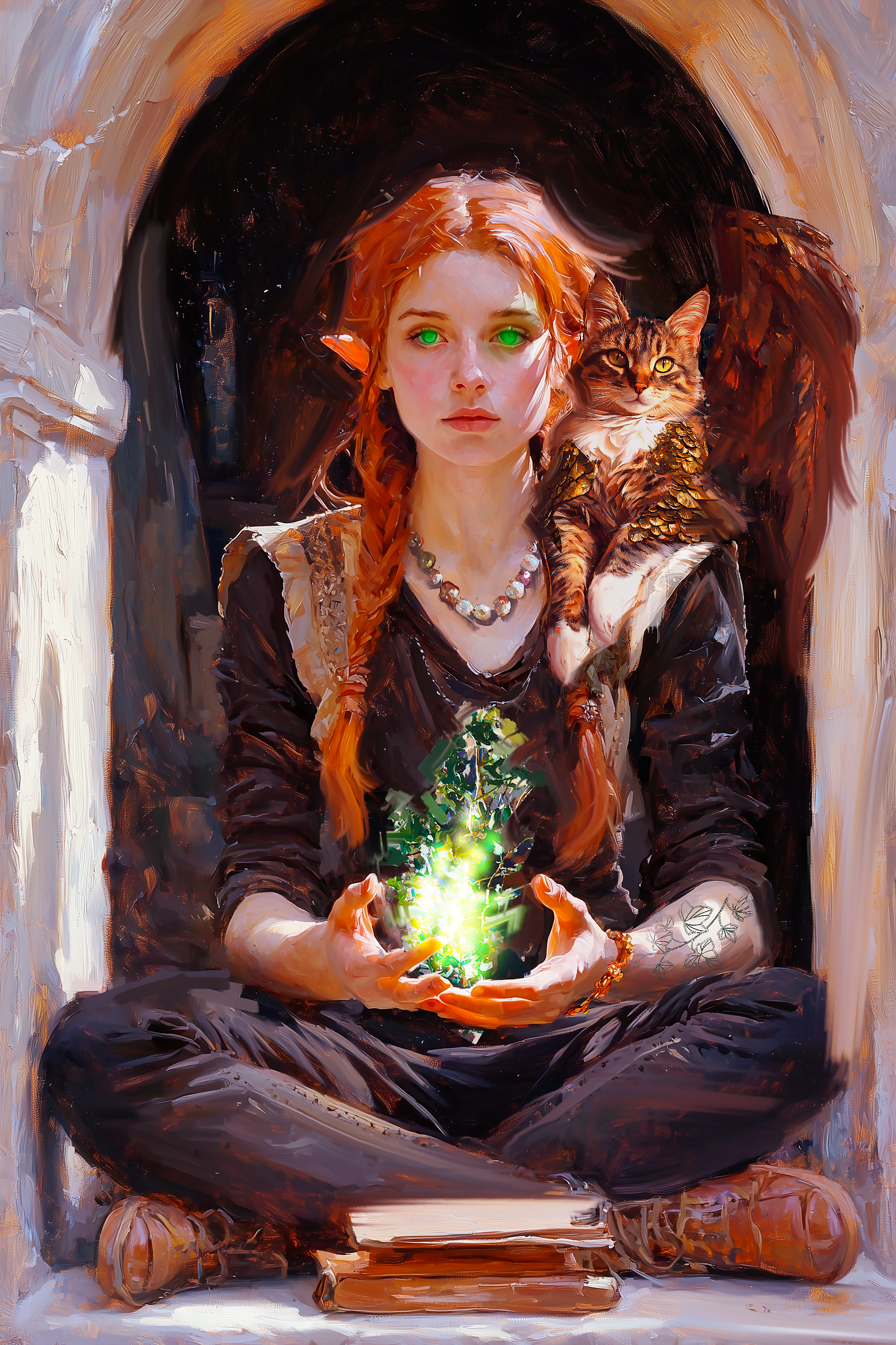 Rowan, an elven druid, with red hair and green eyes holding a glowing crystal, sitting in a stone archway.
