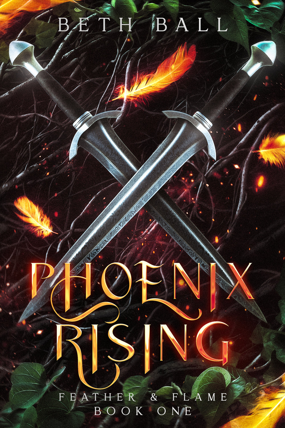Book cover of 'Phoenix Rising' by Beth Ball featuring crossed swords and flames.