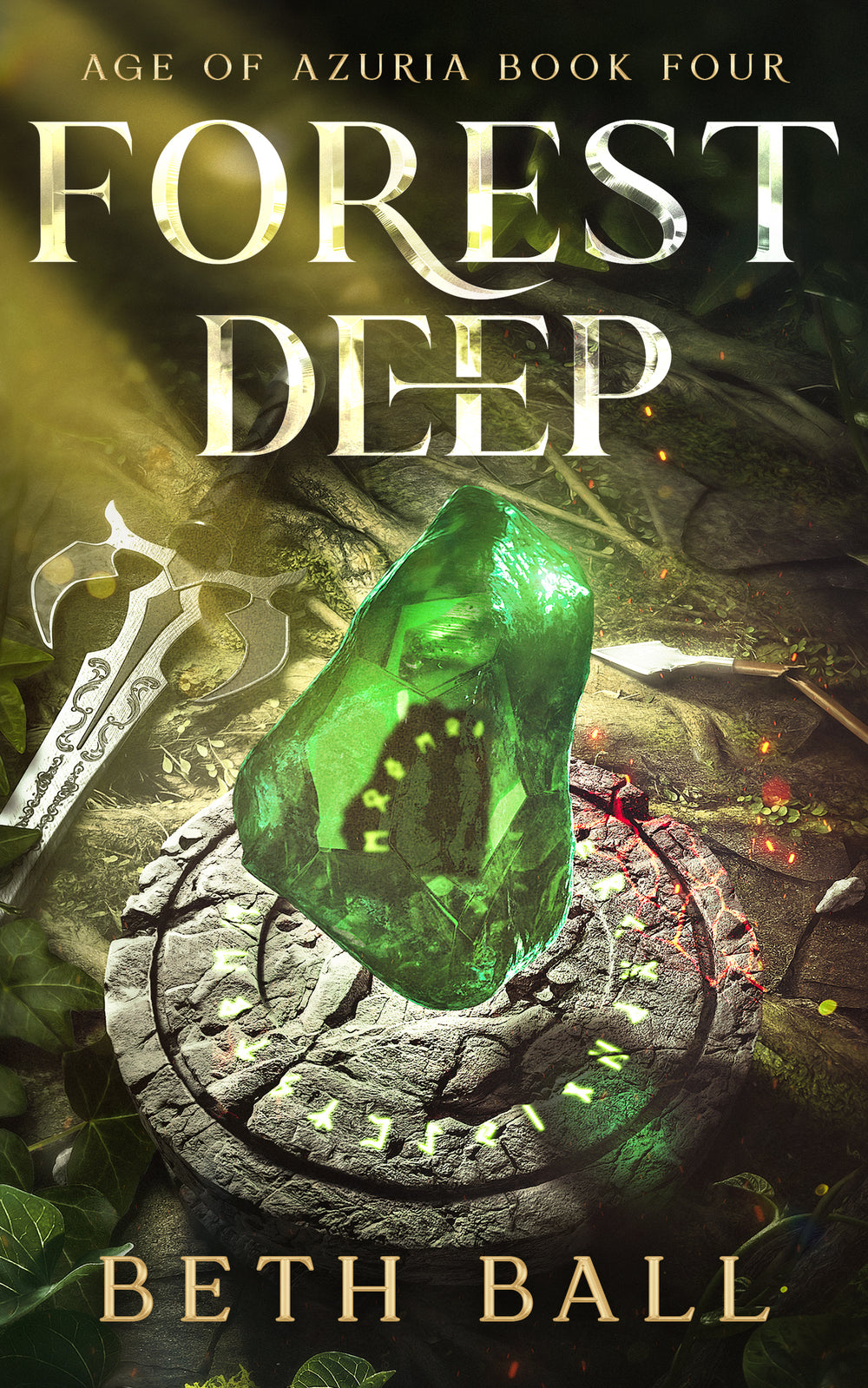 Book cover of 'Forest Deep' by Beth Ball, featuring a green gemstone and sword.